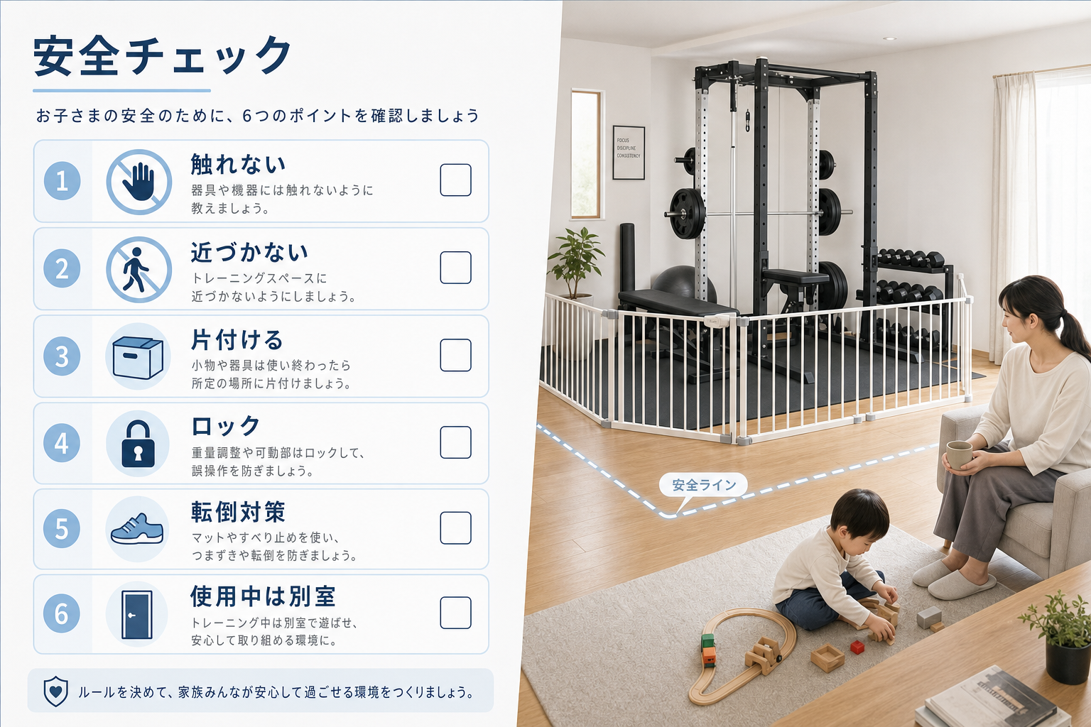 子どもがいる家庭でスマートホームジムを置くときの安全チェックリストのイメージ5