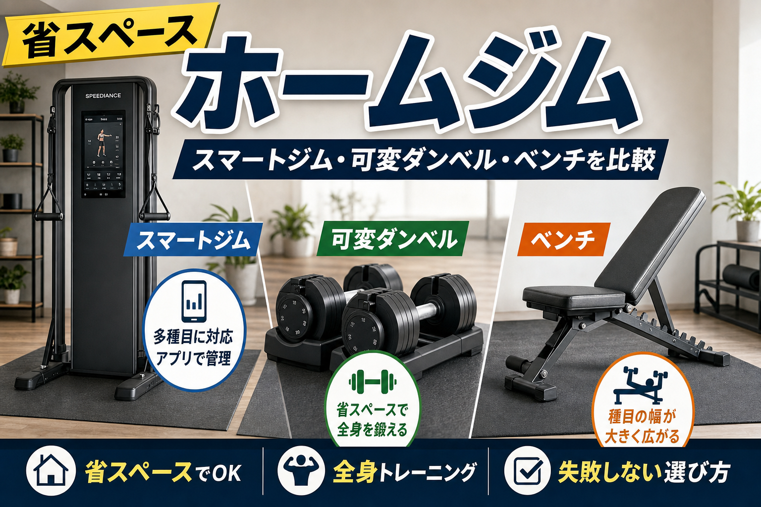 省スペースでホームジムを作るなら何を買う？スマートジム・可変ダンベル・ベンチ比較