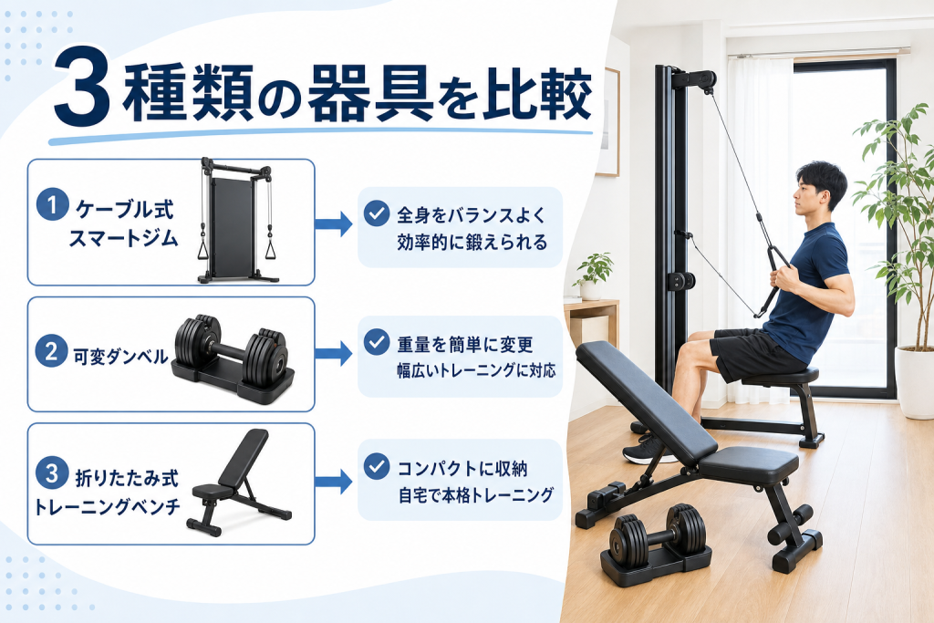 日本の住宅の一角に置かれた3種類のホームジム器具を紹介する解説インフォグラフィック。左側に大きな見出し「3種類の器具を比較」、その下に3つのシンプルな図解カード。カード1はケーブル式スマートジム、カード2は重量を変更できる可変ダンベル、カード3は折りたたみ式トレーニングベンチ。右側には自然光の入る白壁の部屋と、器具を使う初心者の男女どちらか1人を配置。各器具から短い説明へ矢印を伸ばす。日本のマンションらしいコンパクトな部屋、木目床、観葉植物。白・薄い水色・ネイビーを基調に統一。大きく読みやすい日本語、細かい説明文は避ける。ロゴ、ブランド名、商品名は入れない。横長(16:9)のアスペクト比で清潔感のある日本語ブログ用インフォグラフィック。