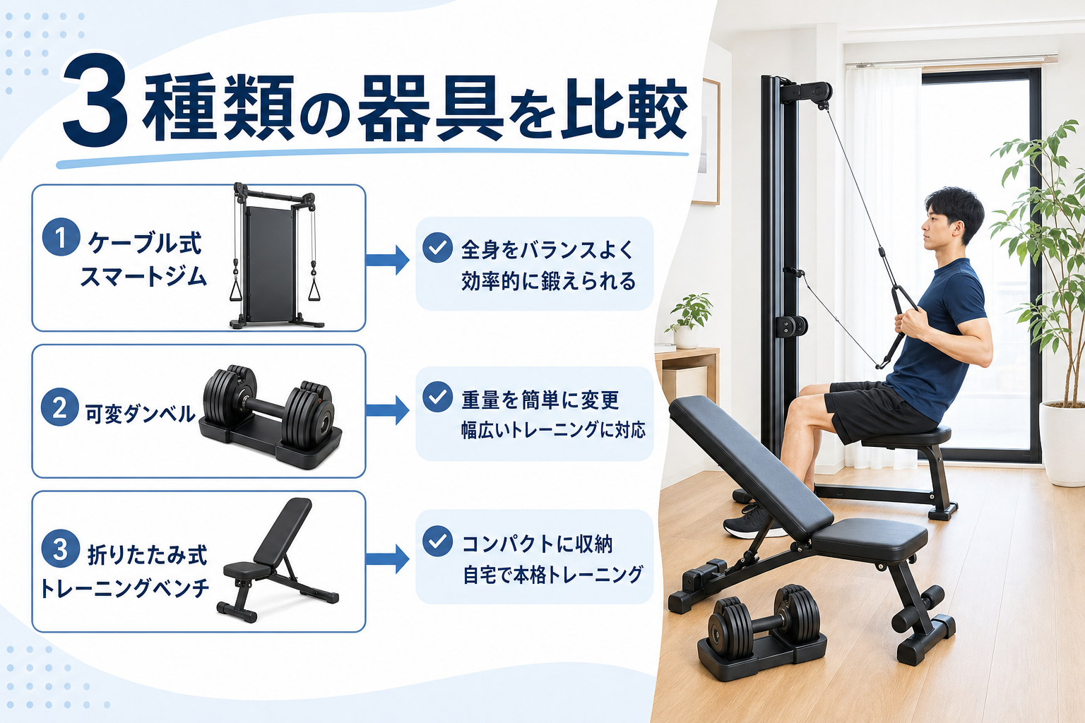 省スペースでホームジムを作るなら何を買う?スマートジム・可変ダンベル・ベンチ比較のイメージ2