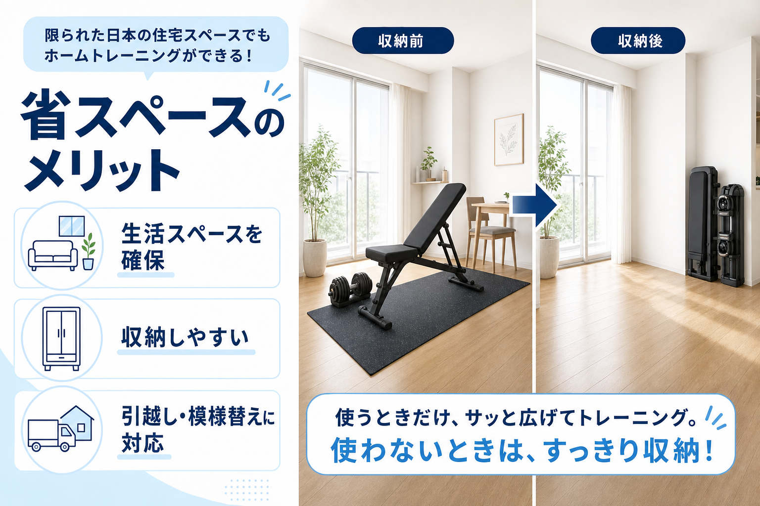 省スペースでホームジムを作るなら何を買う?スマートジム・可変ダンベル・ベンチ比較のイメージ4